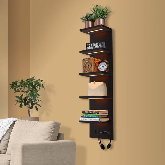 Sorbus LED Light Display Shelf - Vertical 5 Tier Wall Shelf Unit with 2 Hooks, Column Utility Shelving for Home Decor, Wall-Mounted Floating Shelves for Bathroom, Bedroom, Vanity, Figurine Display