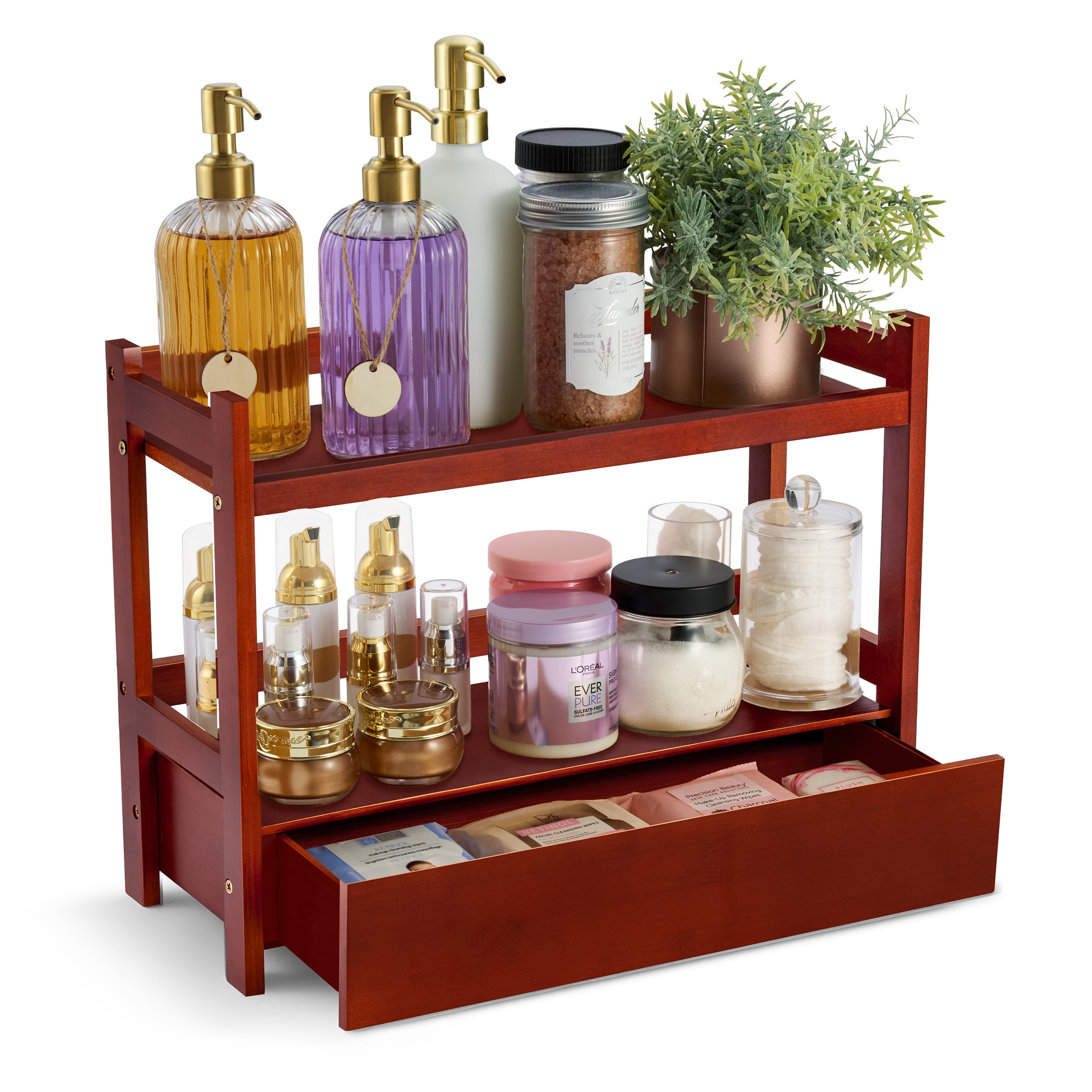 Sorbus Large 2-Tier Bamboo Counter Organizer with Drawer, Brown, Bathroom, Kitchen & Office
