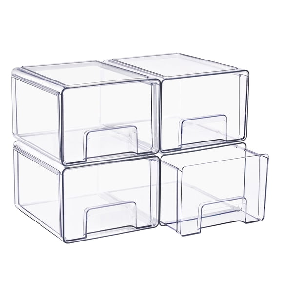Sorbus Large Clear Stackable Makeup Storage Drawers, 4-Pack Plastic Pull-Out Organizer Bins