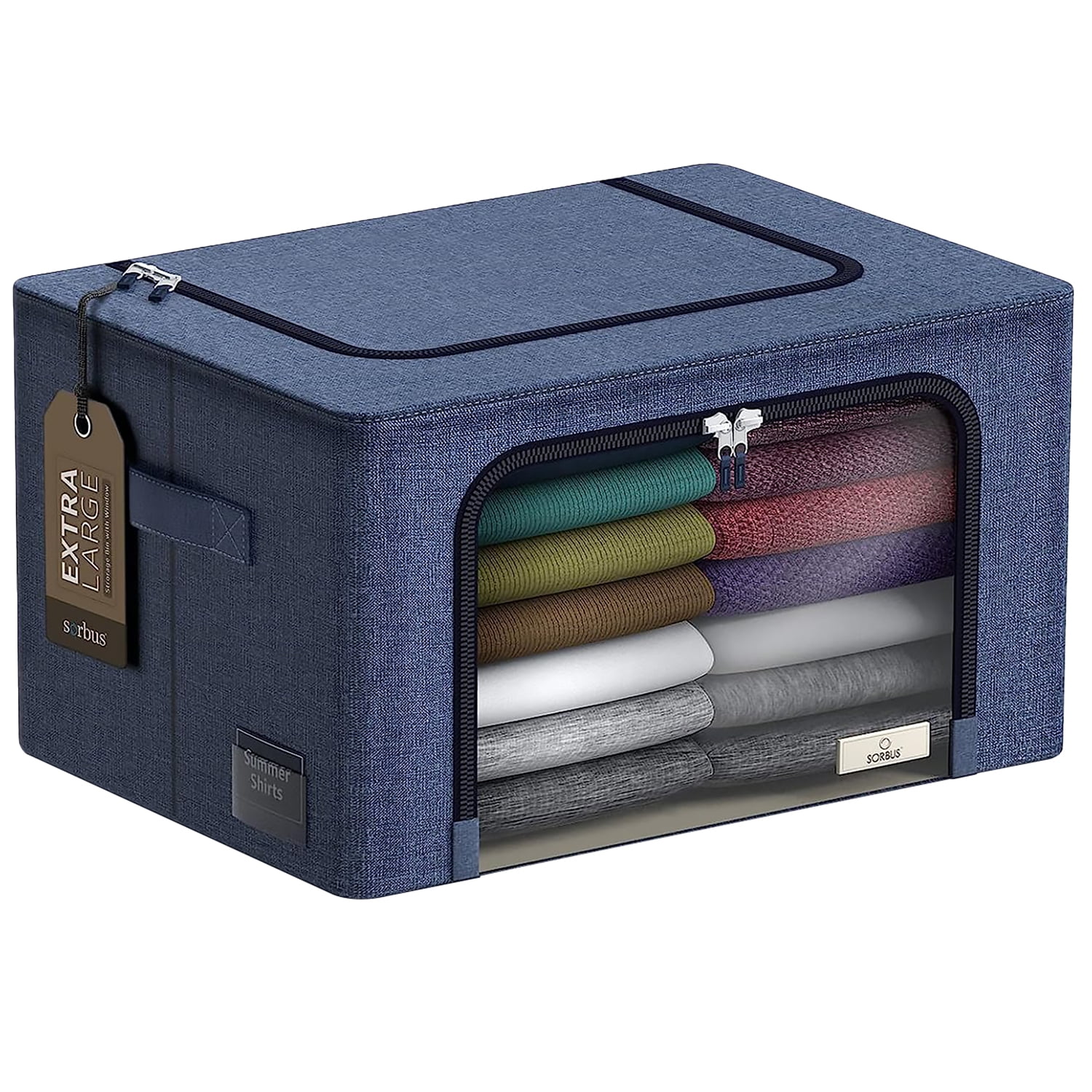Sorbus Large Foldable Storage Bin with Metal Frame – Stackable Organizer with Handles, Blue
