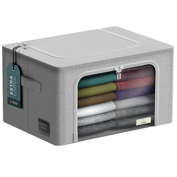 Sorbus Large Foldable Storage Bin with Metal Frame – Stackable Organizer with Handles, Gray
