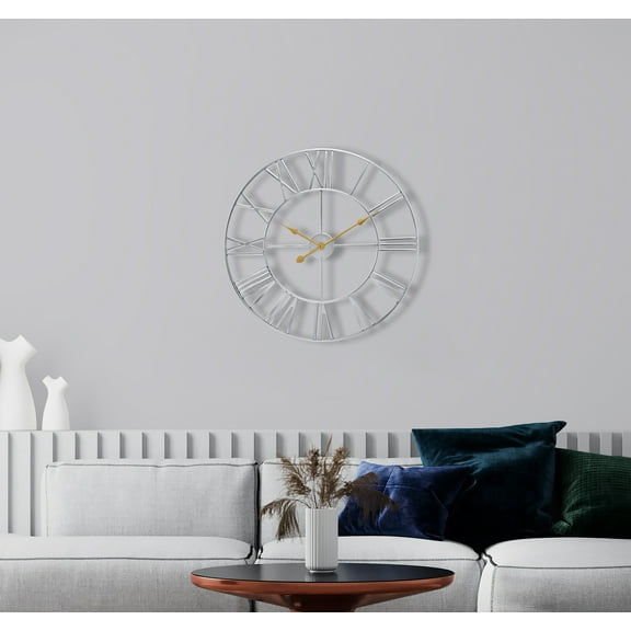 Sorbus Large Metal Roman Numberal Wall Clock for Living Room Decor (Silver, 16" Diameter)