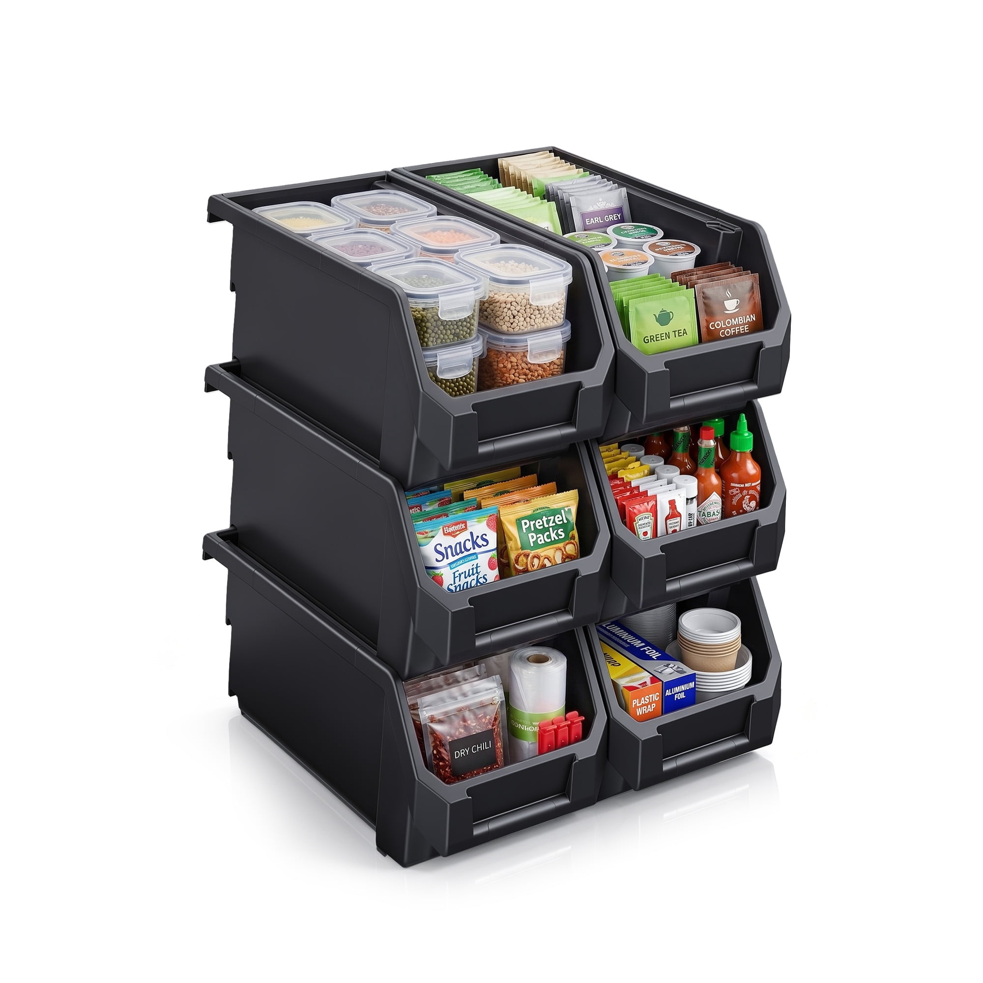 Sorbus Large Open Front Stackable Pantry Storage Bins, 6-Pack, Black