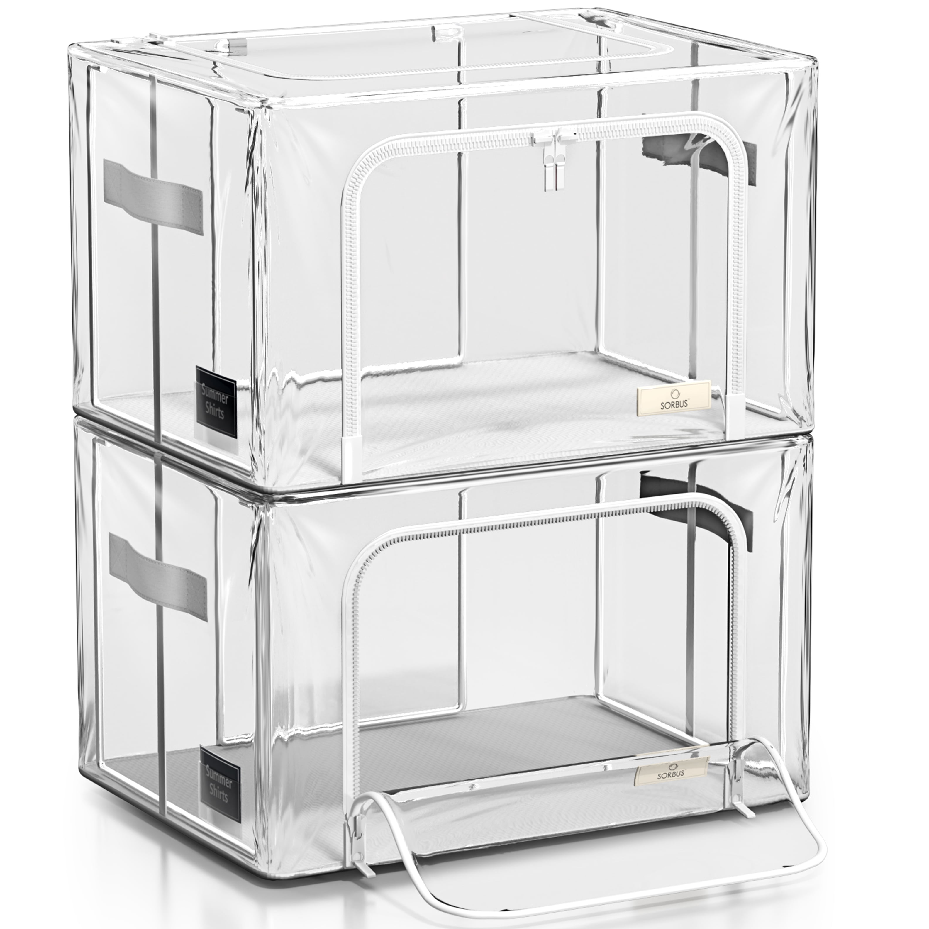 Sorbus Large Stackable Storage Bins, 2-Pack, Metal Frame, Clear Collapsible Design, Zipper Closure