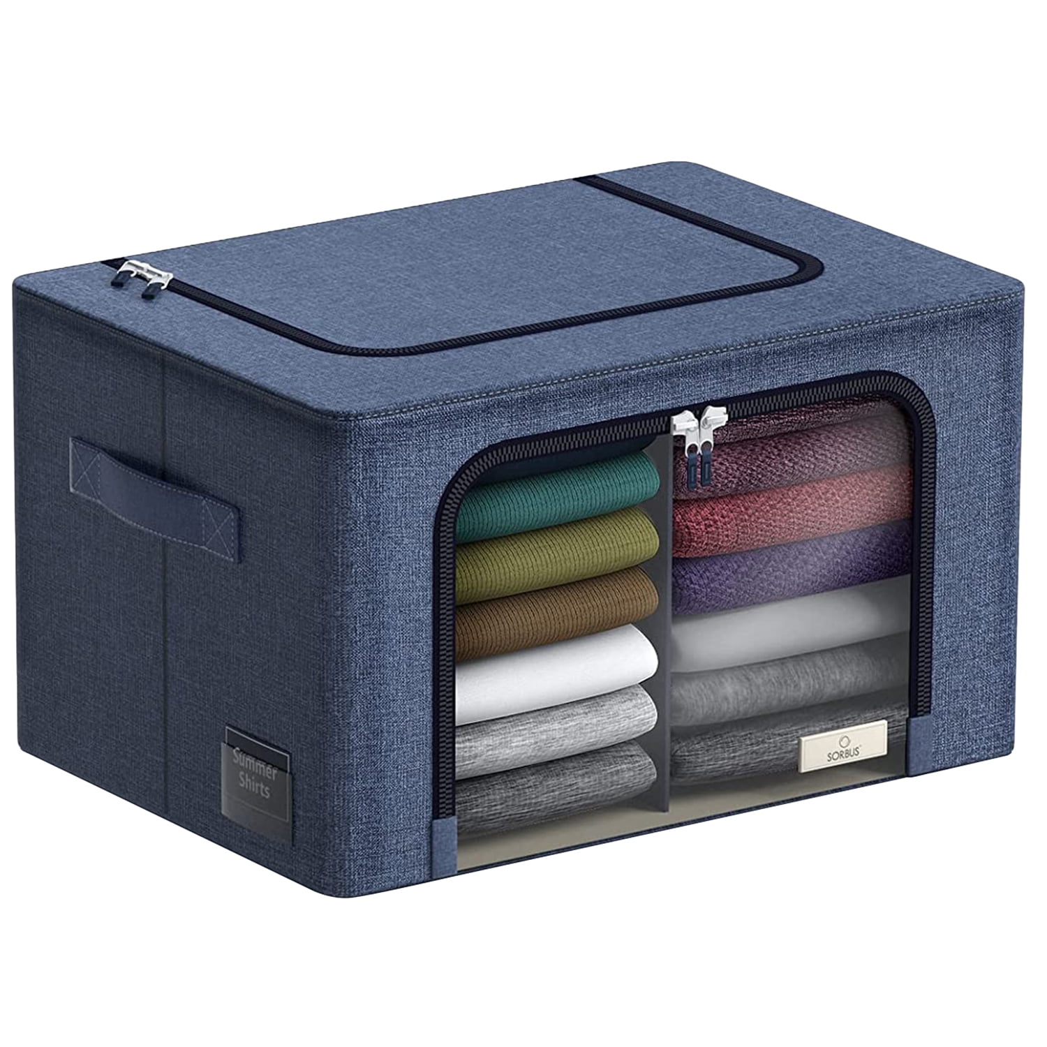 Sorbus Large Storage Bin – Stackable, Foldable Organizer with Window, Handles, Metal Frame, Blue
