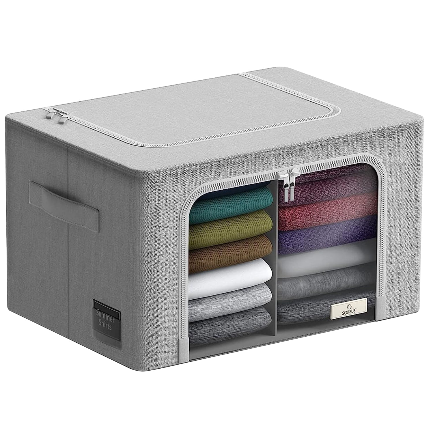 Sorbus Large Storage Bin – Stackable, Foldable Organizer with Window, Handles, Metal Frame, Gray
