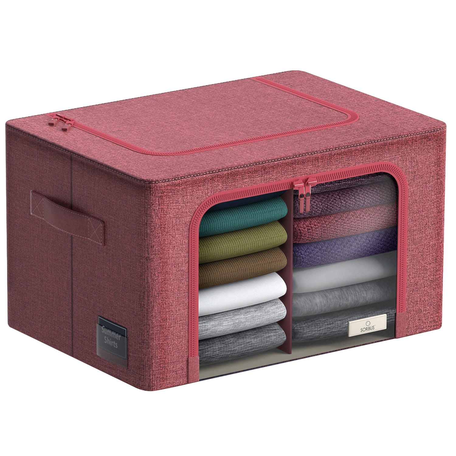 Sorbus Large Storage Bin – Stackable, Foldable Organizer with Window, Handles, Metal Frame, Pink