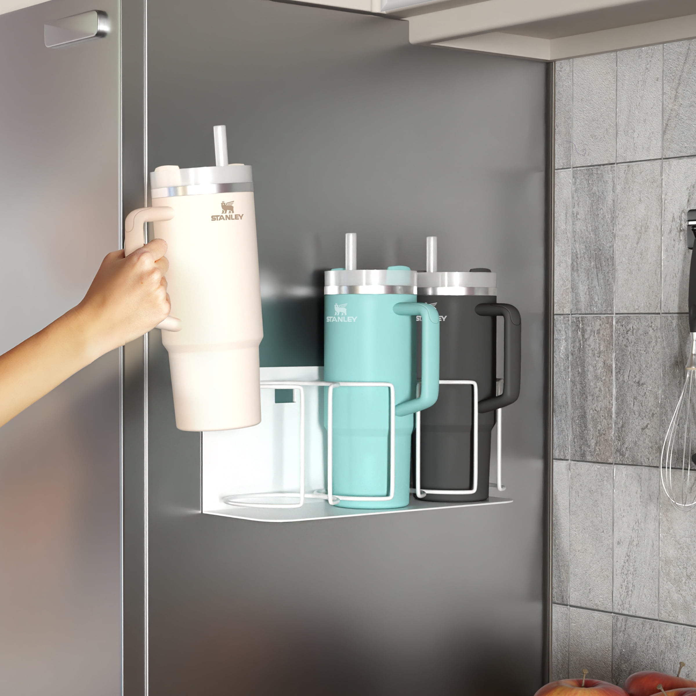 Sorbus Magnetic Cup Holder Rack – Holds 3 Tumblers or Water Bottles – Adjustable White Organizer for Fridge, Oven, or Wall – Includes Adhesive Tape & Screws for Easy Mounting