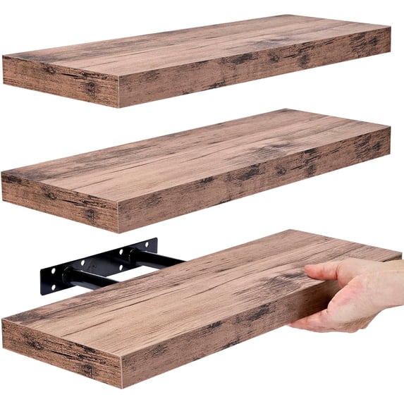 Sorbus 16.25" Mahogany Rustic Floating Shelves (Set of 3) – Wall Storage for Décor, Frames, Trophies