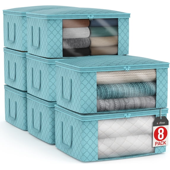 Sorbus Medium Clothes Storage Bags - Foldable Blanket Storage Bins for Organizing Bedroom, Closet, Clothing, Comforter, Organization with Clear Window, Lids and Carry Handles - Set of 8, Aqua