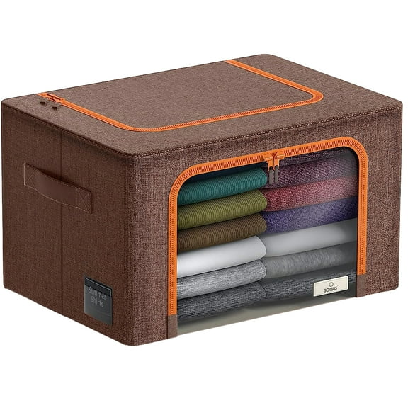 Sorbus Medium Foldable Storage Bin with Metal Frame – Stackable Organizer with Handles, Brown