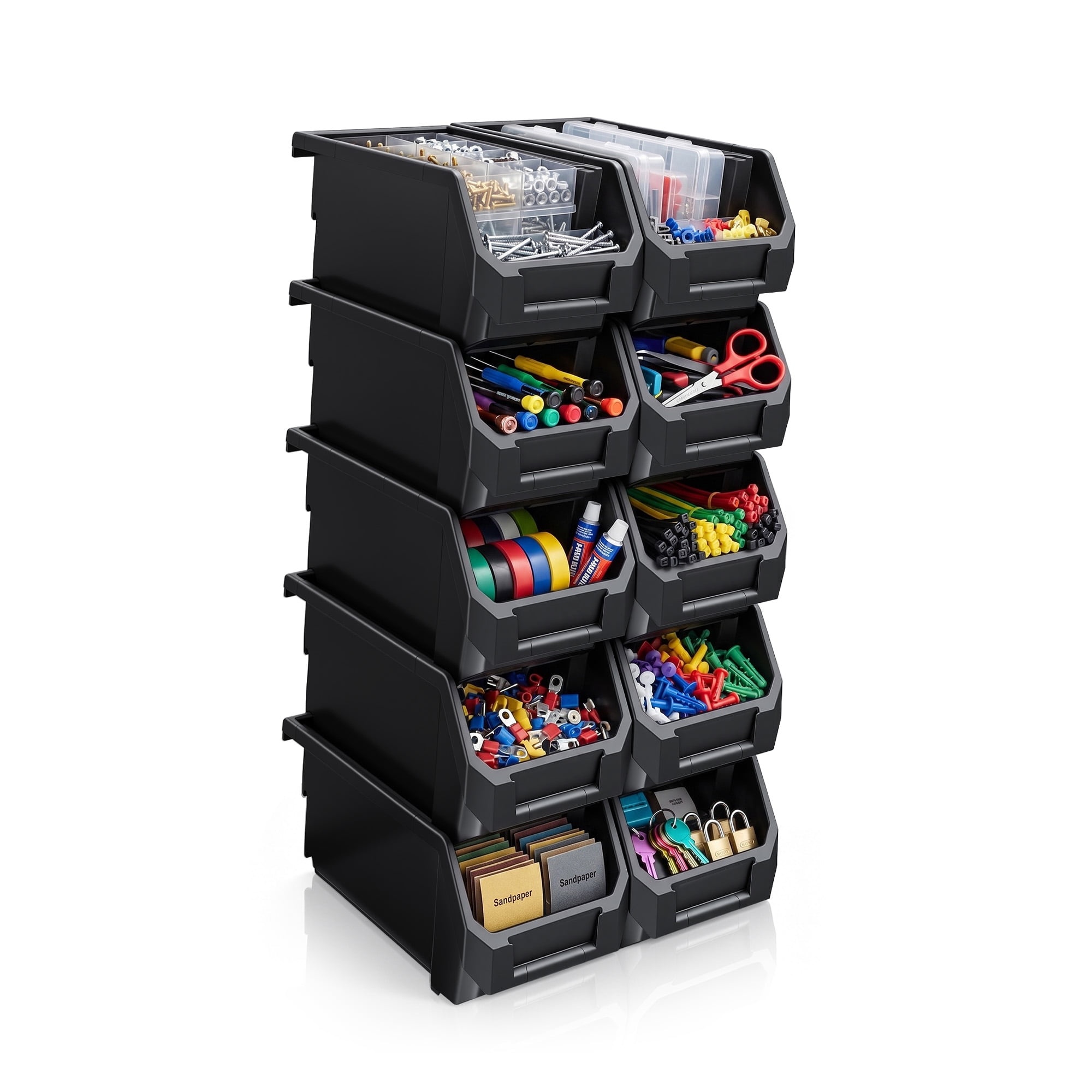 Sorbus Medium Garage Storage Bins, Open Front Plastic Organizer, Black, 10 Pack