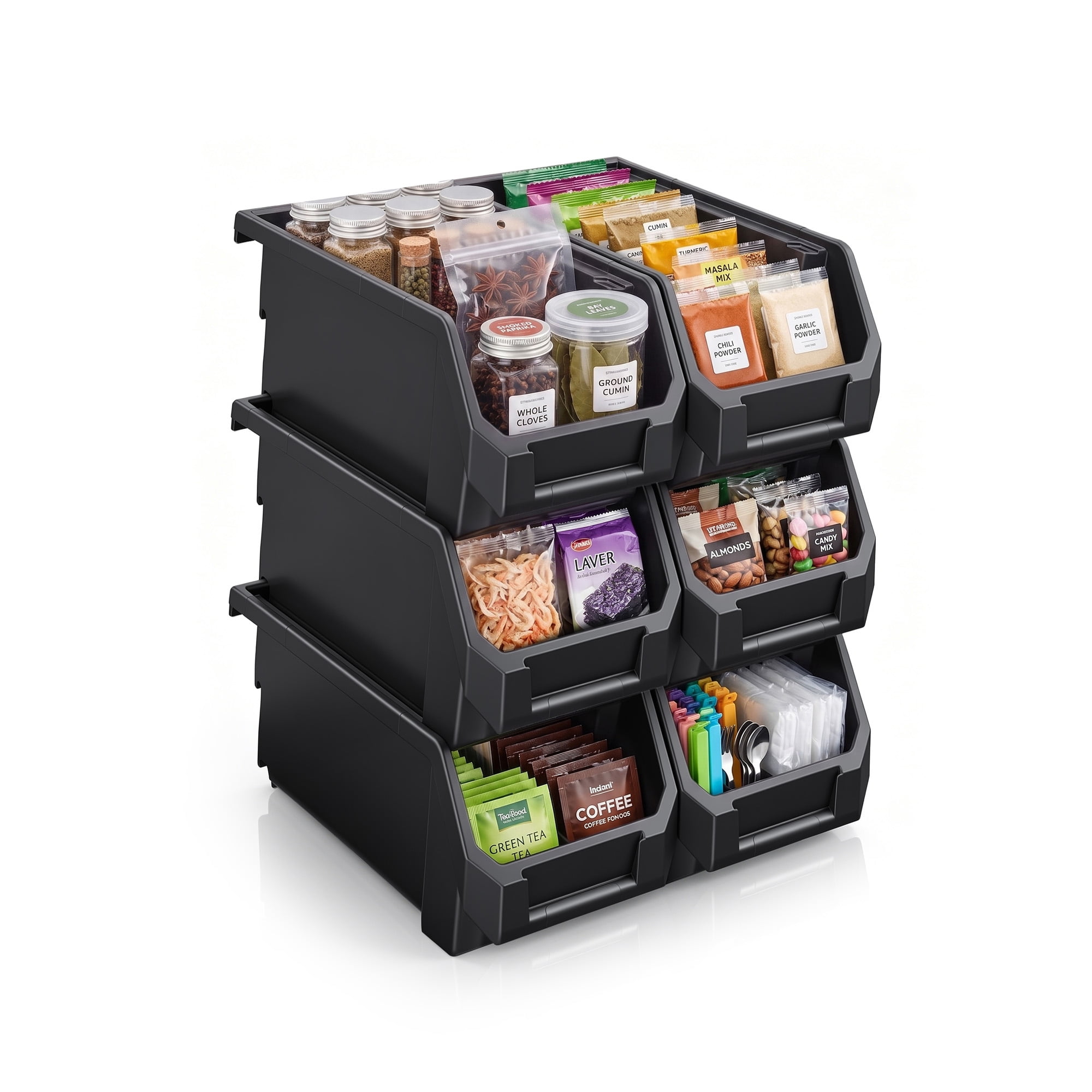 Sorbus Medium Open Front Stackable Pantry Storage Bins, 6-Pack, Black