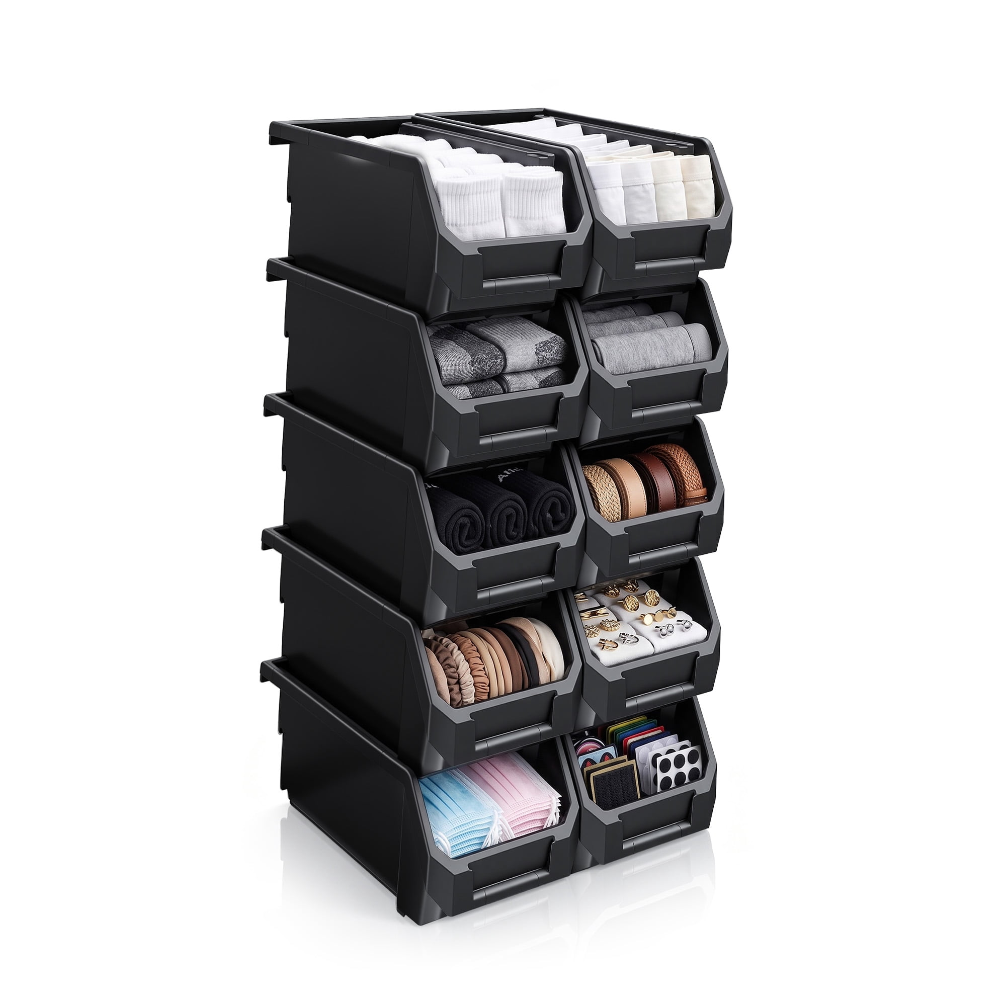Sorbus Medium Open Front Stackable Storage Bins, Closet & Wardrobe Organizer, Black, 10 Pack