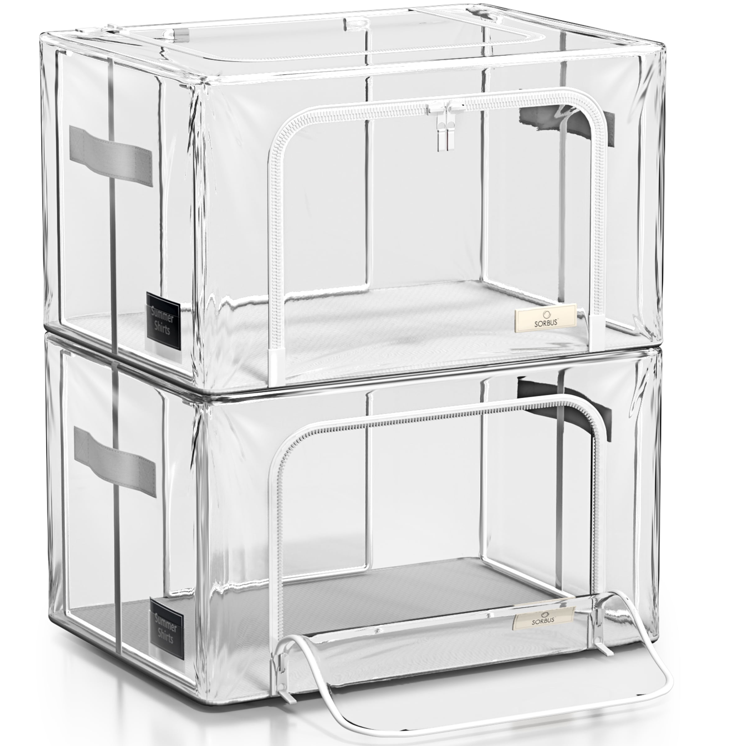 Sorbus Medium Stackable Storage Bins, 2-Pack, Metal Frame, Clear Collapsible Design, Zipper Closure