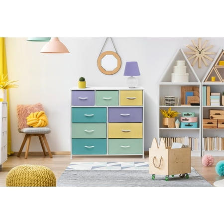 Sorbus Kids Dresser with 9 Drawers - Furniture Storage Chest Tower Unit for Bedroom, Hallway, Closet, Office Organization - Steel Frame, Wood Top, Tie-dye Fabric Bins (Pastel 2, Pastel)