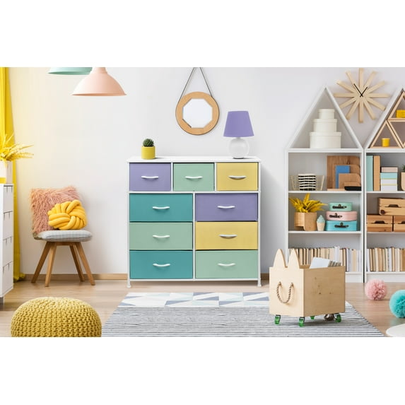 Sorbus Kids Dresser with 9 Drawers - Furniture Storage Chest Tower Unit for Bedroom, Hallway, Closet, Office Organization - Steel Frame, Wood Top, Tie-dye Fabric Bins (Pastel 2, Pastel)