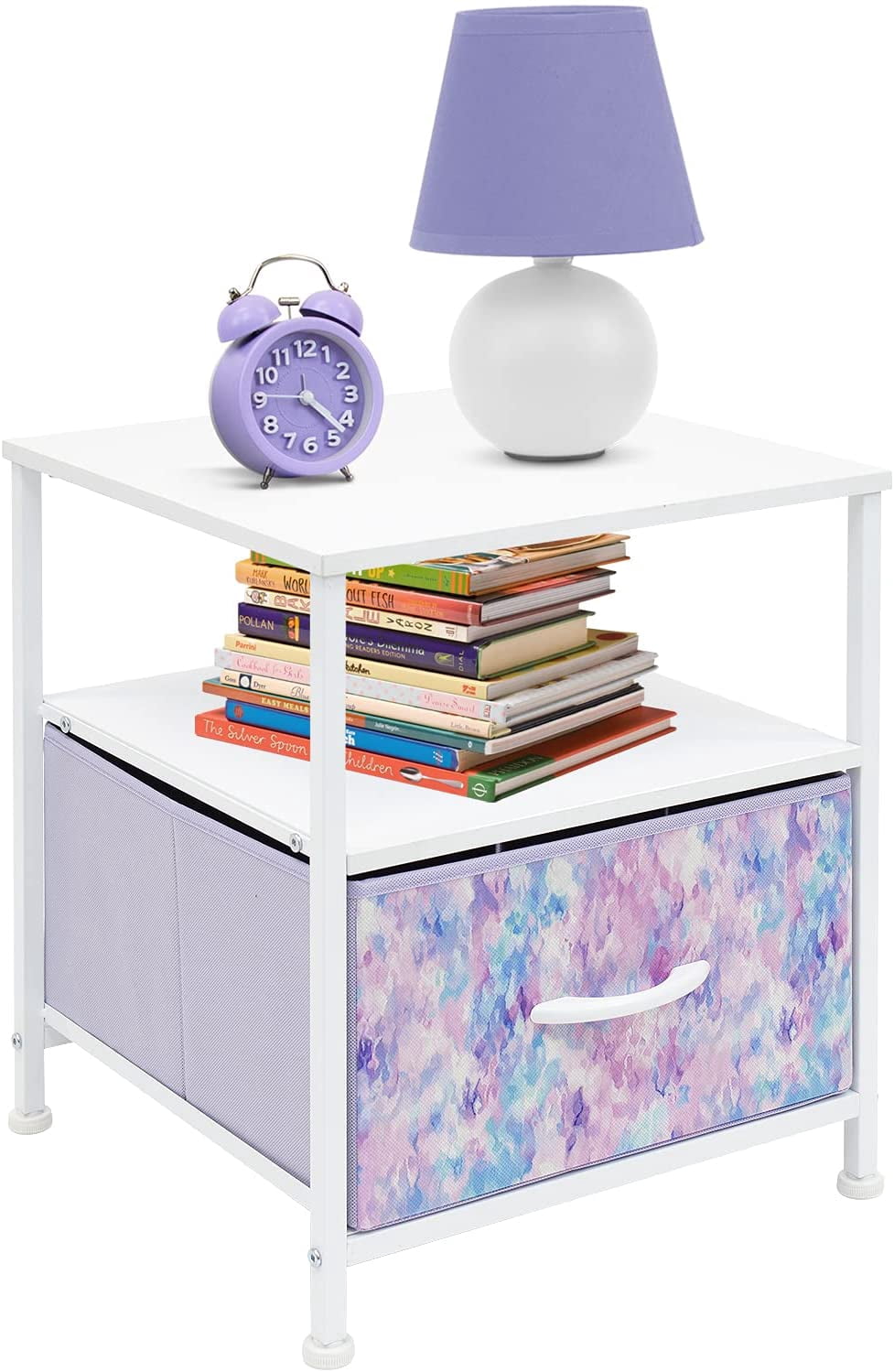 Sorbus Nightstand 1-Drawer Shelf Storage- Bedside Furniture & Accent End Table Chest for Home, Bedroom, Office, College Dorm, Steel Frame, Wood Top, Easy Pull Fabric Bins (Purple)