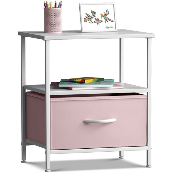 Sorbus 1-Drawer Nightstand with Shelf, Steel Frame, Wood Top, Pastel Pink