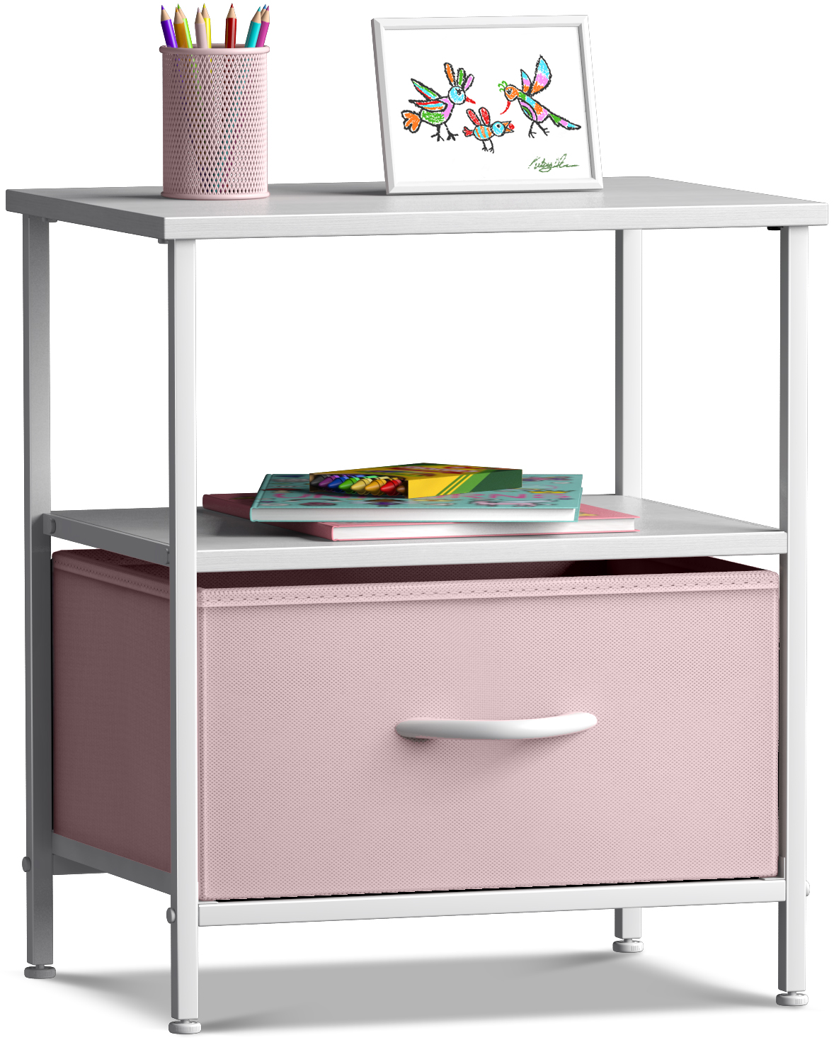 Sorbus Nightstand 1-Drawer Shelf Storage- Bedside Furniture  Accent End  Table Chest for Home, Bedroom, Office, College Dorm, Steel Frame, Wood Top,  Pastel Fabric Bins (Pastel Pink)