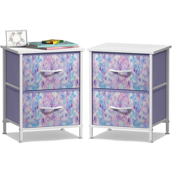 Sorbus Nightstand with 2 Drawers - Kids Bedside Table & End Table - Steel Frame, Wood Top, Easy Pull Fabric Bins - Dresser & Chest for Bedroom, Office, Dorm - 2 Pack