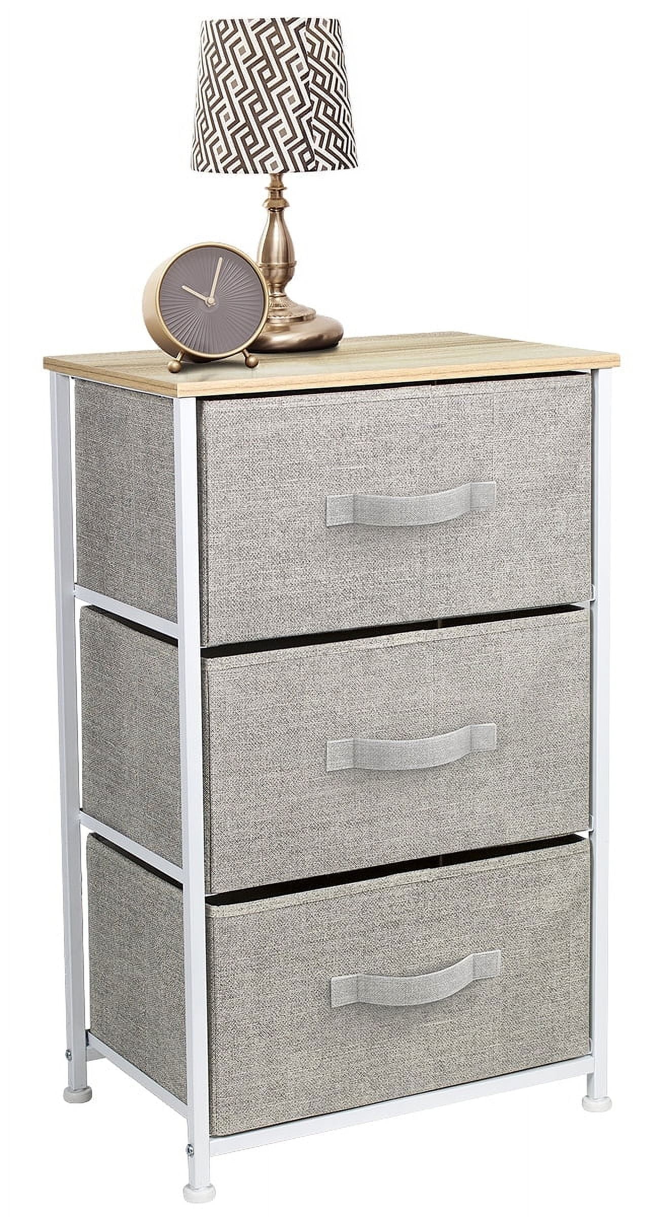 Beige 3-Drawer Steel Frame Nightstand with Fabric Bins