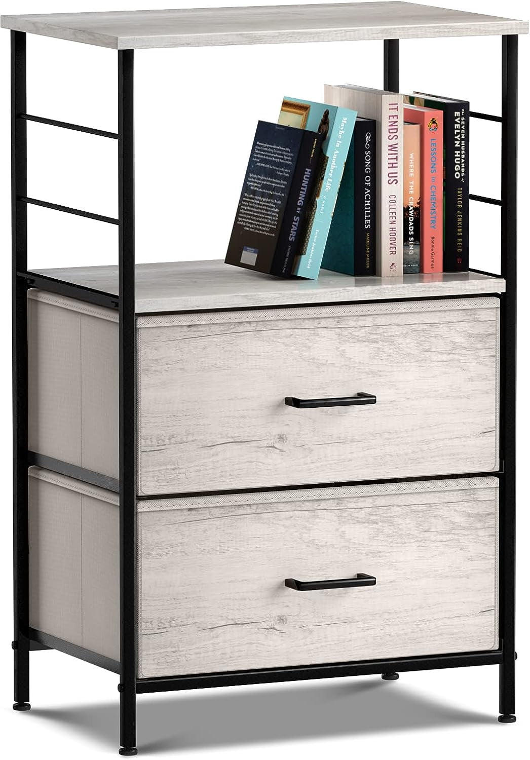 Cream 2-Drawer Nightstand with Steel Frame and Wood Top