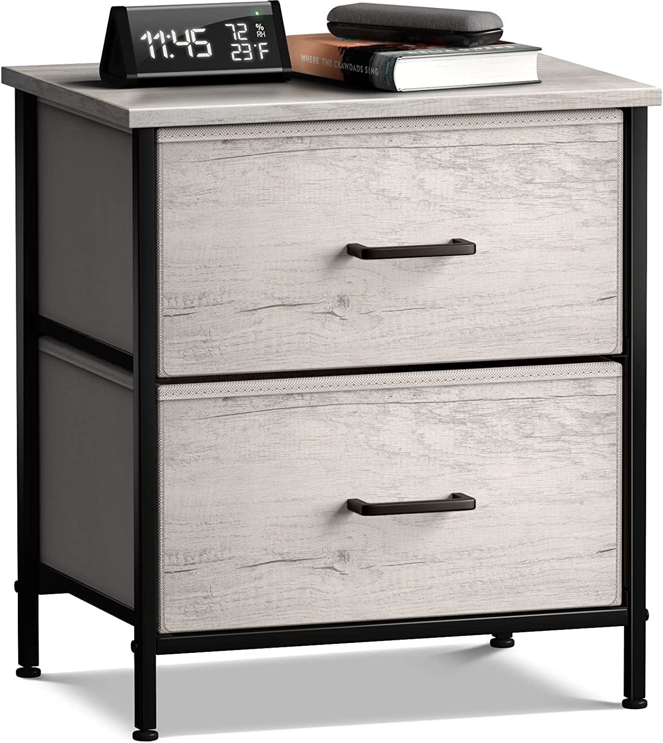 Sorbus 2-Drawer Nightstand With Fabric Bins – Steel Frame, Wood Top, Compact Dresser For Bedroom, Dorm, Or Living Room