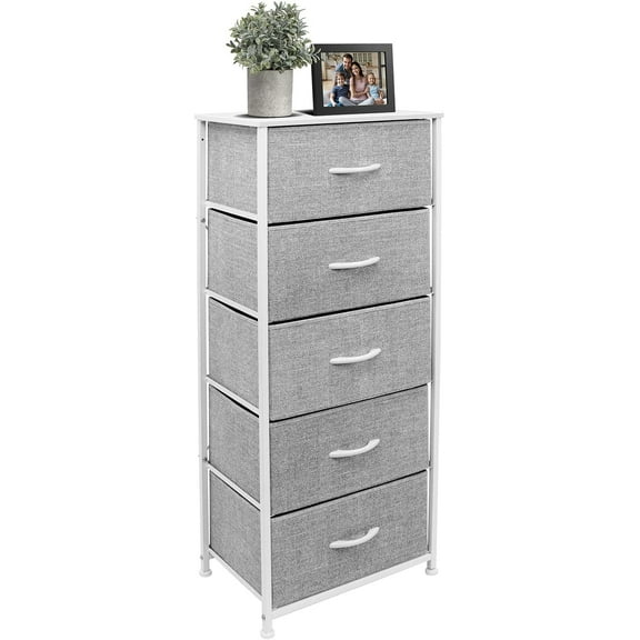 Sorbus Nightstand Dresser with 5 Fabric Drawers - Steel Frame, Wood Top, (White/Gray)