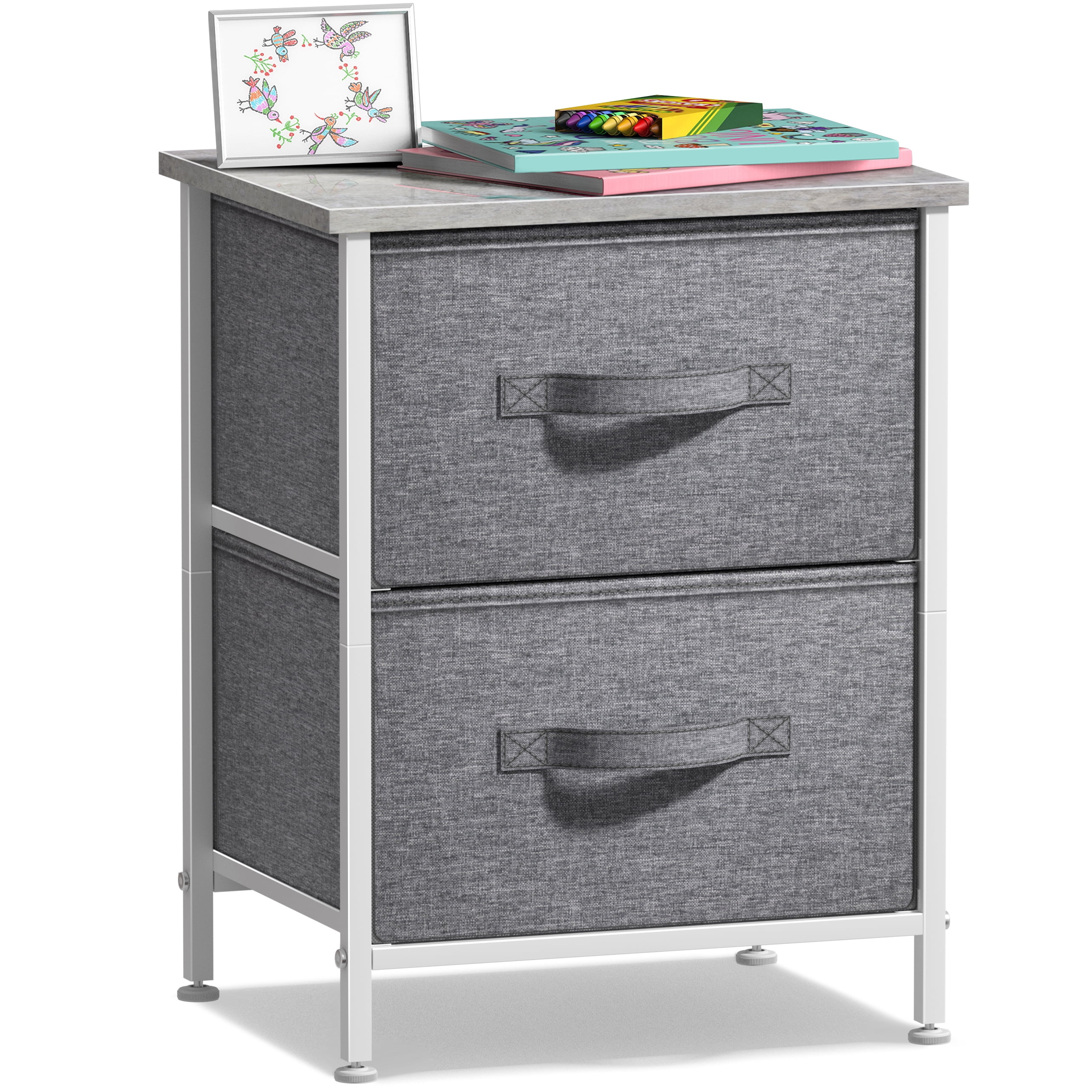 Sorbus Nightstand with 2 Drawers, Steel Frame, Wood Top, Fabric Bins, Gray