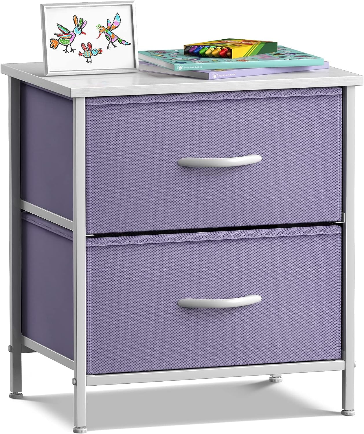 Sorbus Nightstand with 2 Drawers, Steel Frame, Wood Top, Fabric Bins, Purple