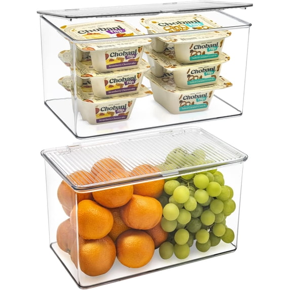 Sorbus Organizer Bins with Attached lids | Kitchen Pantry Organization Storage Bins, Small Clear Storage Box for Fridge | Food Storage Containers for Organizing, Cabinet Organizers (2-Pack, Large)