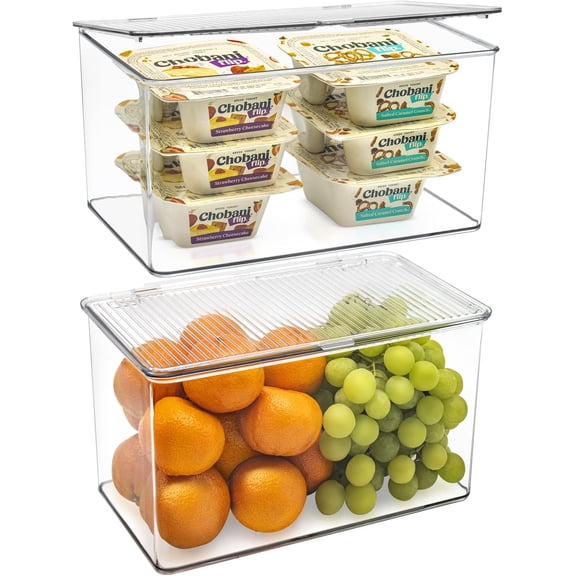 Sorbus Organizer Bins with Attached lids | Kitchen Pantry Organization Storage Bins, Small Clear Storage Box for Fridge | Food Storage Containers for Organizing, Cabinet Organizers (2-Pack, Large)