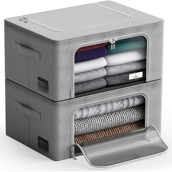 Sorbus Oxford Fabric Storage Bins: Stackable, Foldable Organizer Bags, with Clear Window (Set of 2), Gray