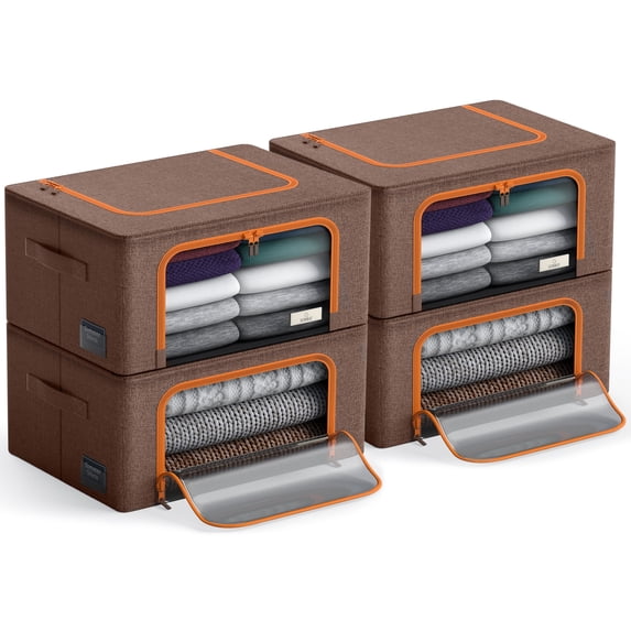 Sorbus Oxford Fabric Storage Bins: Stackable, Foldable Organizer Bags, with Clear Window (Set of 4), Brown