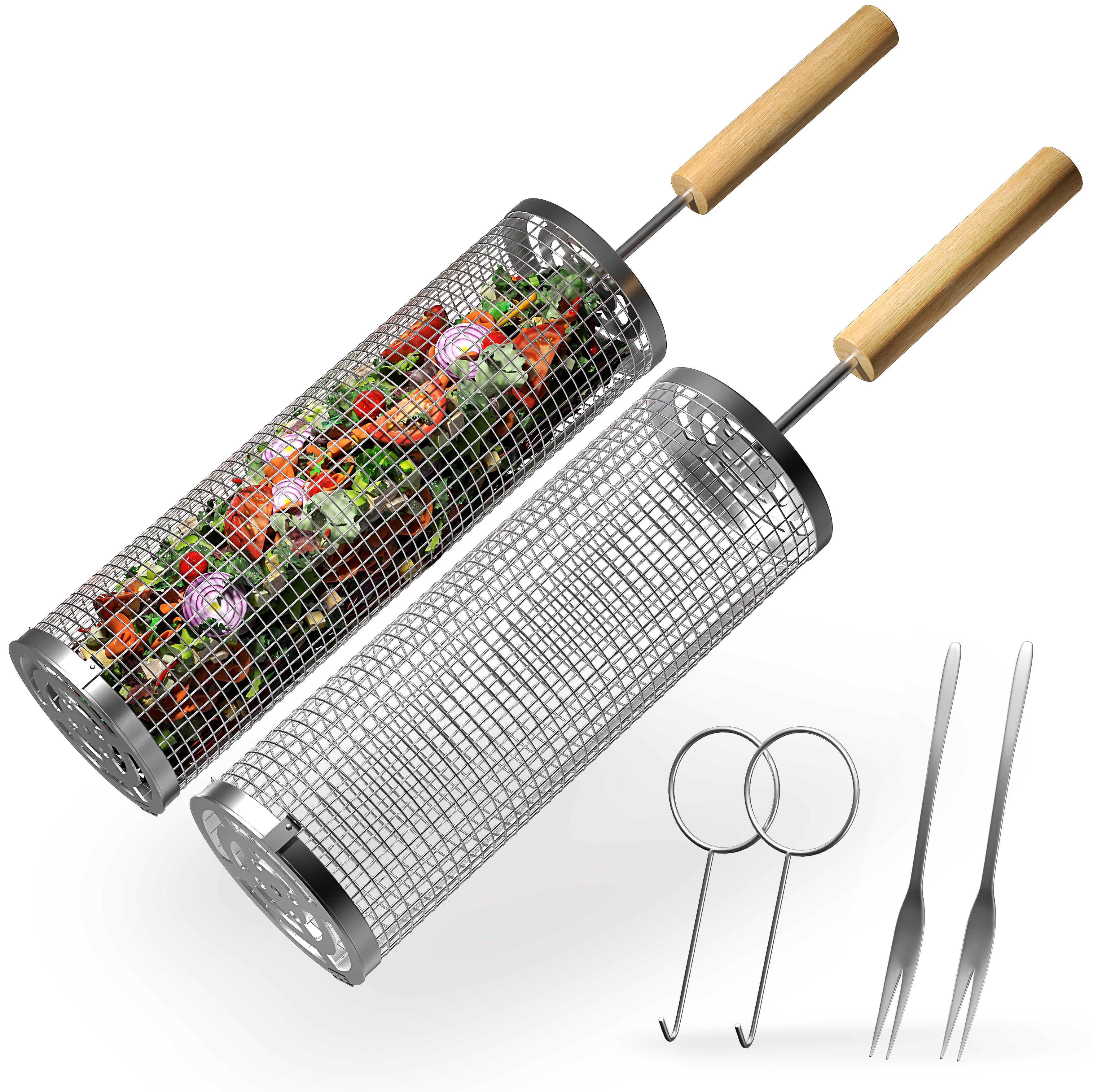 Sorbus Rolling Grill Baskets, 2 Pack, Stainless Steel BBQ Grilling Nets with Removable Handle