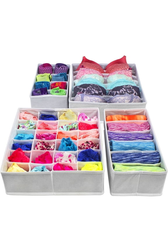 Set of 4 Foldable Drawer Dividers, Storage Boxes, Closet Organizers, Under Bed Organizer, for Clothing, Shoes, Underwear, Bra, Socks and Ties (White)