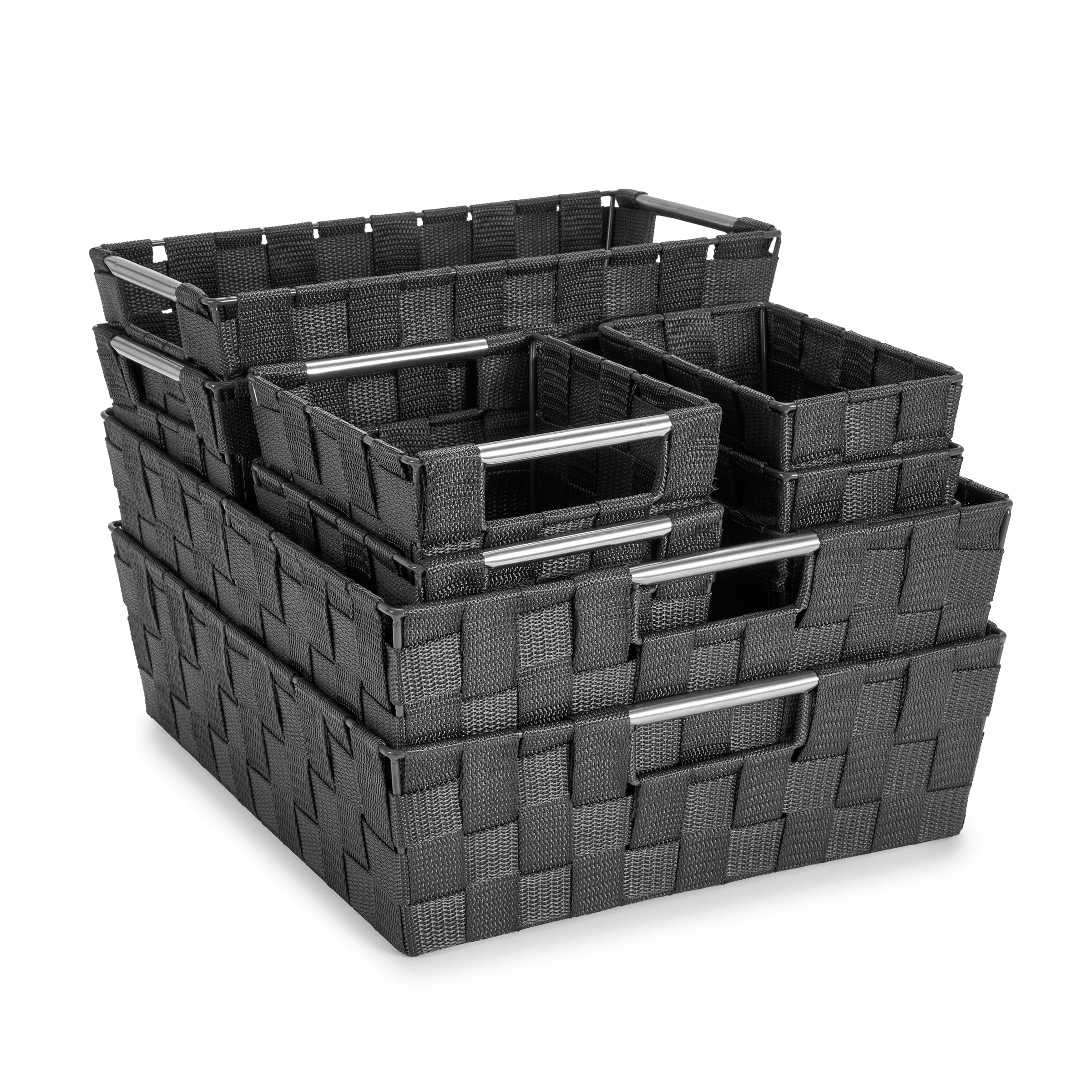 Set of 9 Black Woven Plastic Storage Baskets with Handles