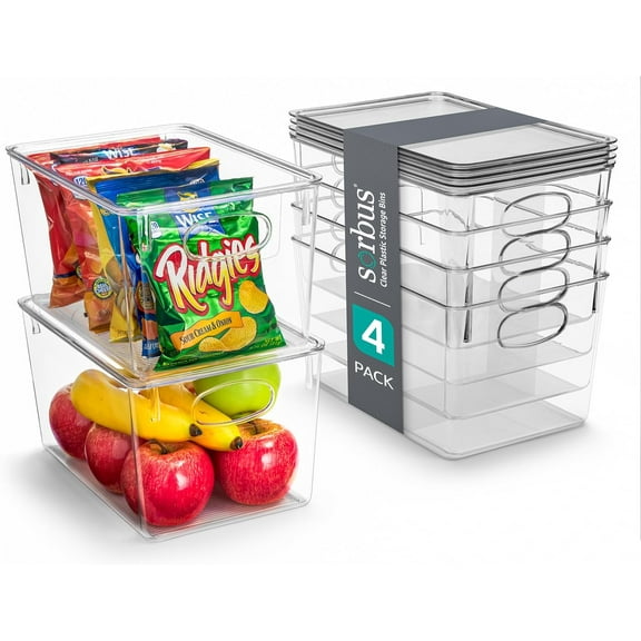 Sorbus Set of 4 Clear Plastic Storage Bins with Lids - Stackable Container Set for Fridge & Pantry