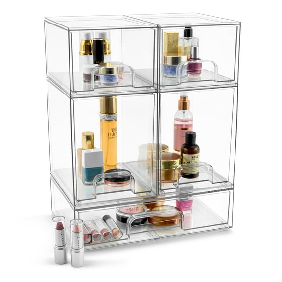 Sorbus Set of 5 Acrylic Stackable Makeup Storage Container Organizer with Pull-Out Drawers, Clear