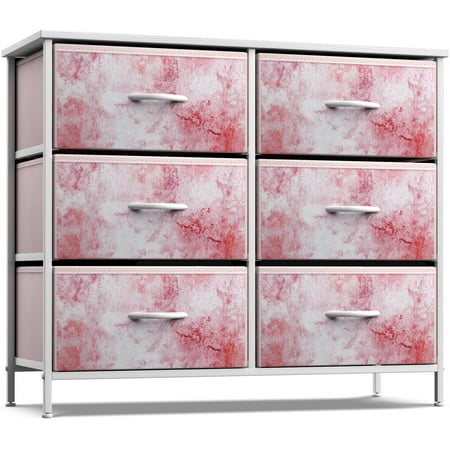Sorbus Small Dresser with 6 Drawers - Furniture Storage Chest Tower Unit for Bedroom, Hallway, Closet, Office Organization - Steel Frame, Wood Top, Tie-dye Fabric Bins (6-Drawer, Pink)