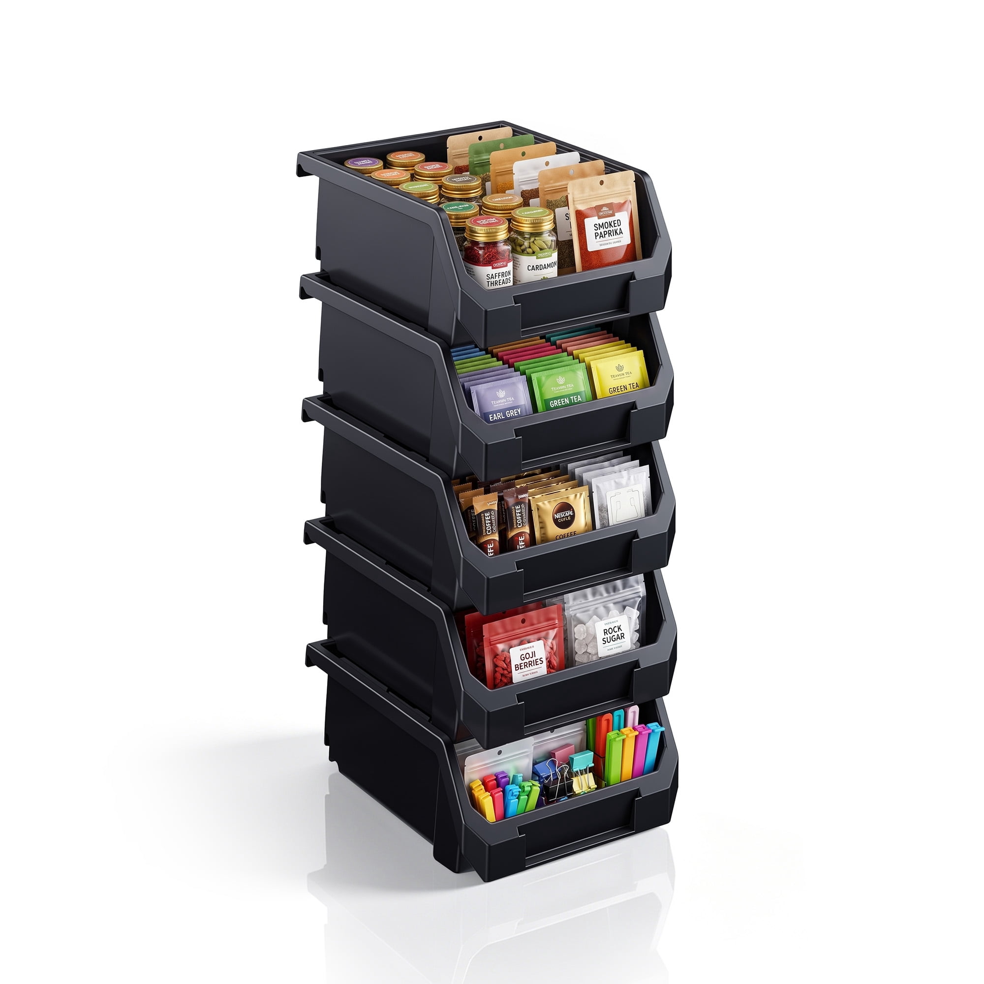Sorbus Small Open Front Stackable Pantry Storage Bins, 5-Pack, Black