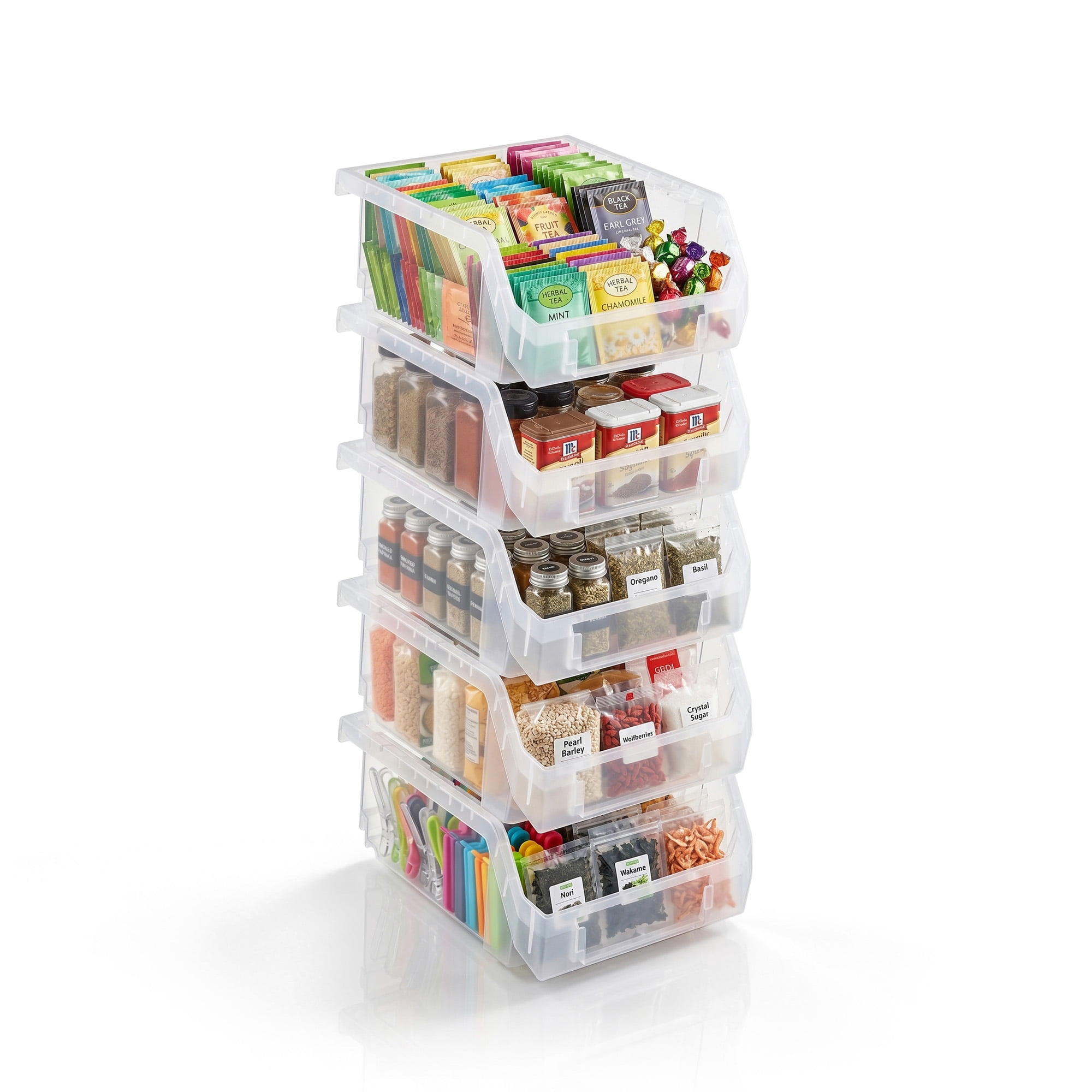 Sorbus Small Open Front Stackable Pantry Storage Bins, 5-Pack, Clear