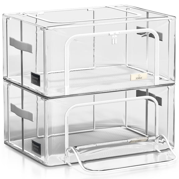 Sorbus Small Stackable Storage Bins, 2-Pack, Metal Frame, Clear Collapsible Design, Zipper Closure
