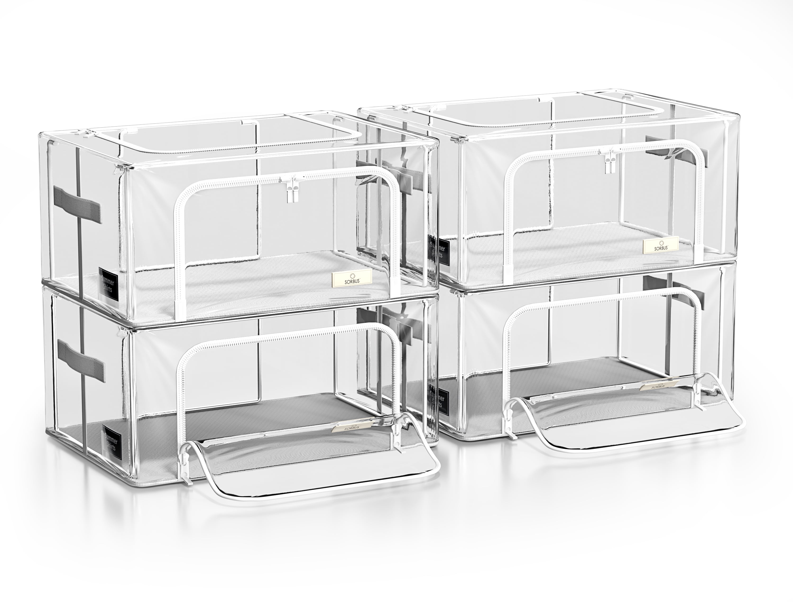 Sorbus Small Stackable Storage Bins, 4-Pack, Metal Frame, Clear Collapsible Design, Zipper Closure