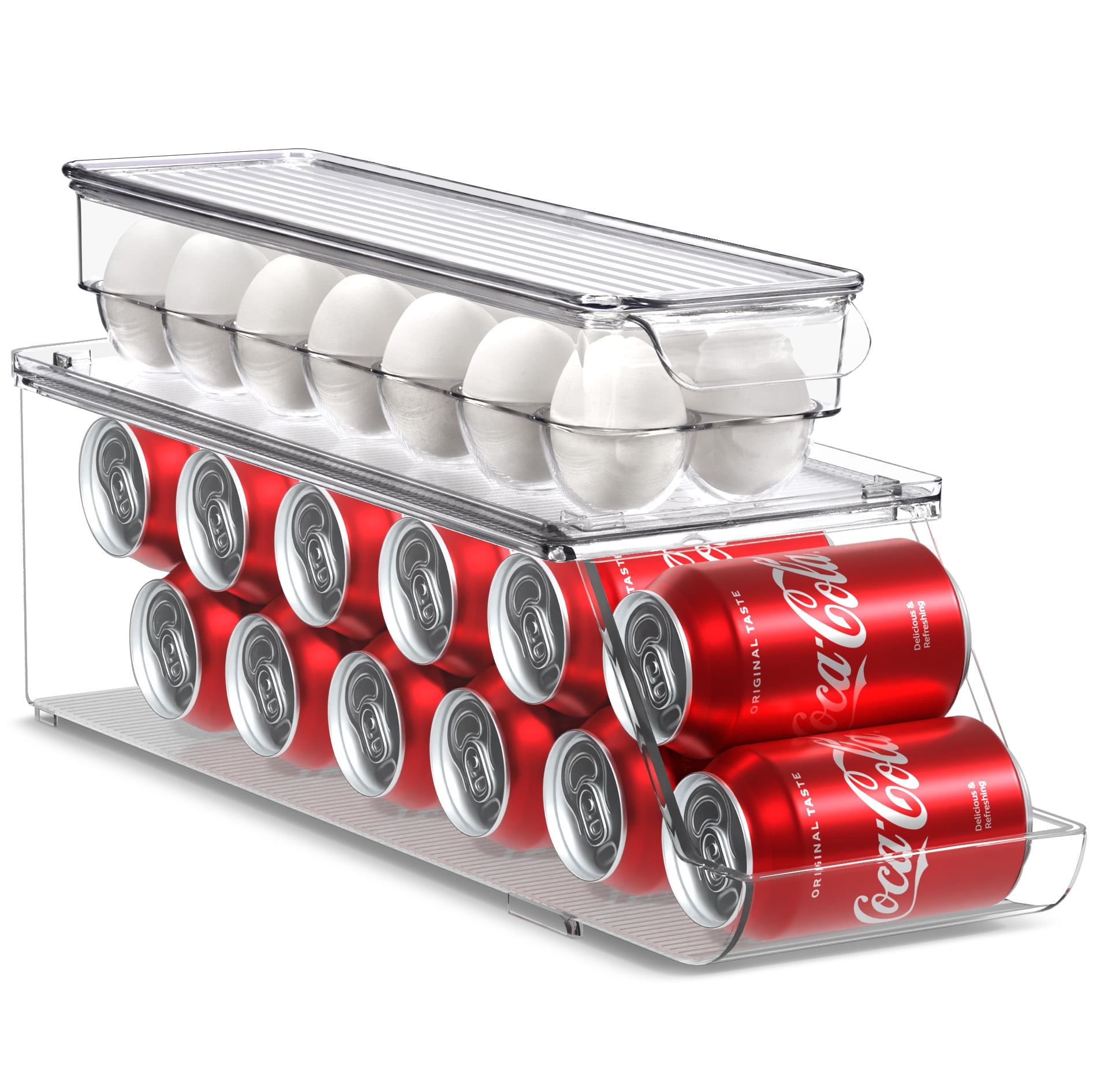 Sorbus Soda Can Organizer for Refrigerator and Egg Holder for Fridge Set, Stackable Can Holder Dispenser and Egg Holder with Lid for Fridge, Pantry, Freezer - BPA-Free, Clear Design