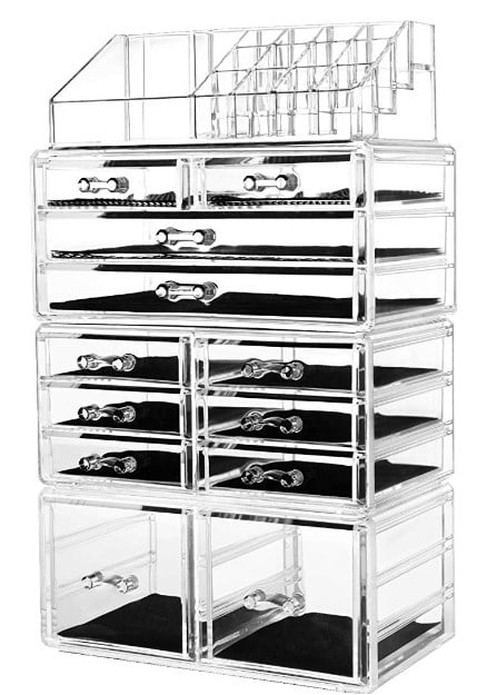 Sorbus Stackable Clear Makeup Organizer, 4-Piece, 12 Drawers, 16 Lipstick Slots
