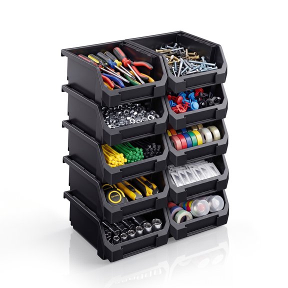 Sorbus Stackable Garage Storage Bins, Small Open Front Organizer, Black, 10-Pack