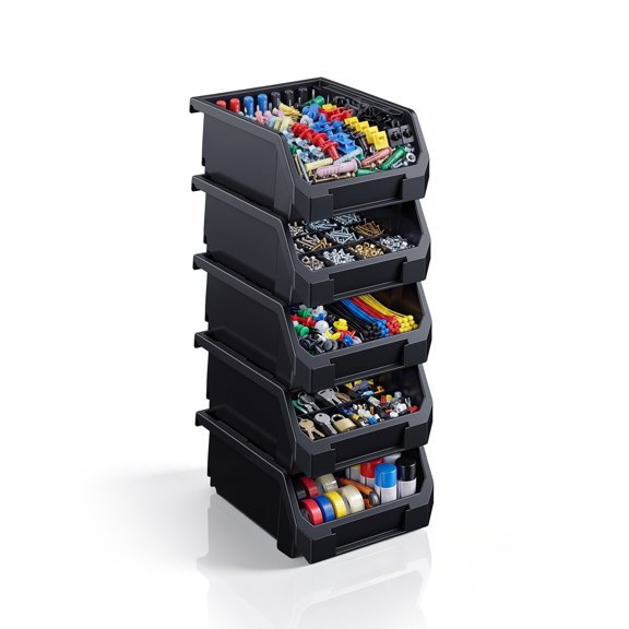 Sorbus Stackable Garage Storage Bins, Small Open Front Organizer, Black, 5-Pack