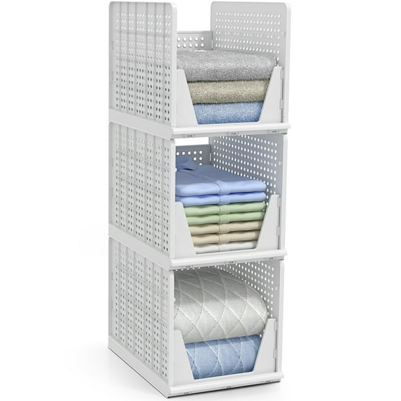Sorbus Stackable Shelf Organizer - Set of 3 Extra Large Plastic Baskets for Closet, Bathroom, Kitchen, Garage-White